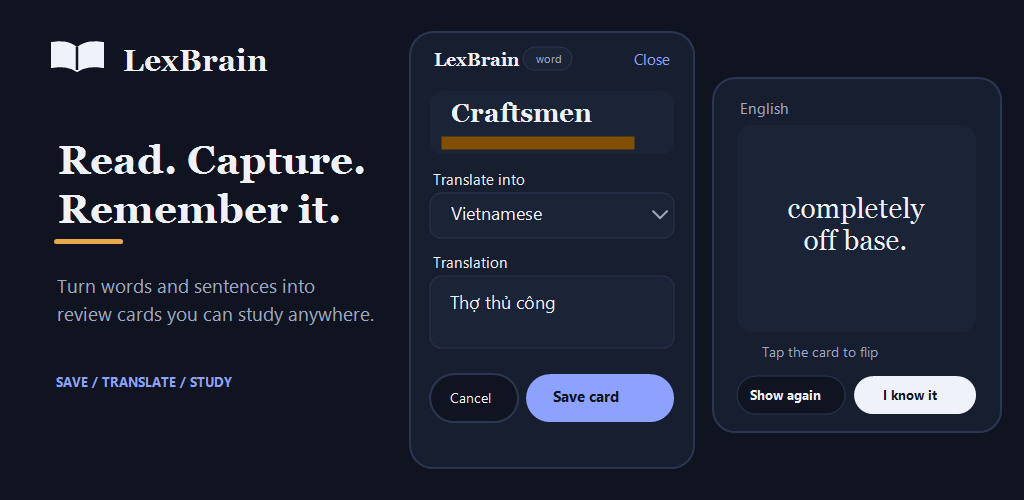 LexBrain's add-card and flashcard study screens